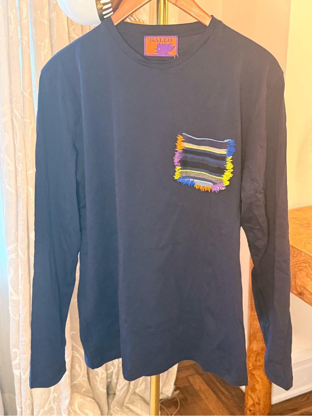Men's Navy Long Sleeve Tee with Colorful Pocket Detail
